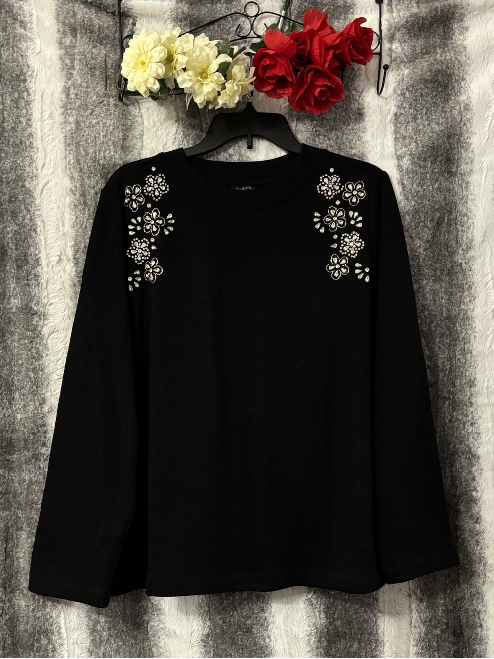 Talbots Black Long-Sleeve Top with jewel Floral design size 1X